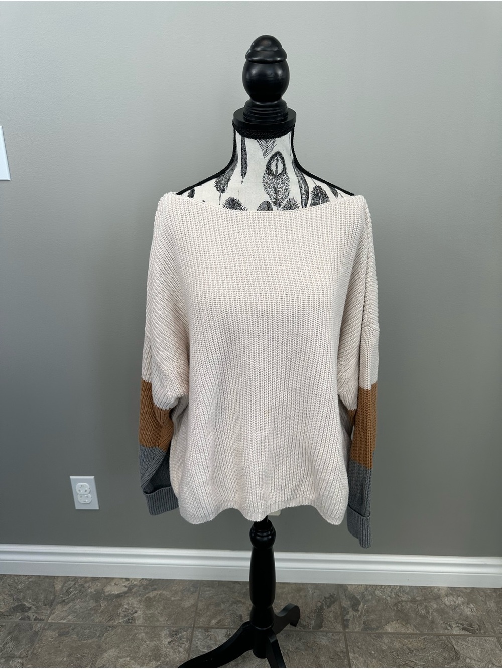 French Connection Cream Off-Shoulder Sweater with Tan & Gray Accents